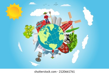 Farmer and farm houses, trees  stand around 3d globe, isometric view,  blue sky bacground vector