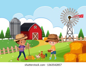 Farmer at farm land illustration