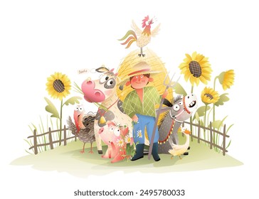 Farmer at farm with livestock, rural scene illustration. Domestic animals as cow donkey rooster turkey pig and goose, farmland and countryside farmers produce. Vectore cartoon, hand drawn art.