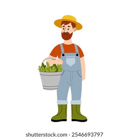Agricultor. Trabalhador agrícola com um balde de grama fresca para alimentar os animais. Homens com chapéu de palha. Ilustração plana sobre fundo branco.