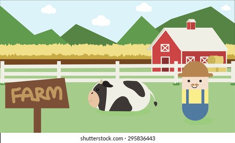 Farmer at Farmhouse. Flat style vector illustration.