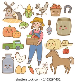 Farmer and farming equipment kawaii doodles