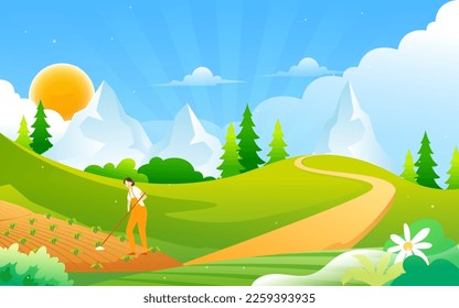 Farmer is farming in spring, countryside and nature in the background, vector illustration