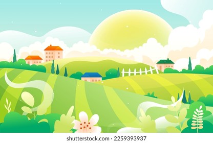 Farmer is farming in spring, countryside and nature in the background, vector illustration