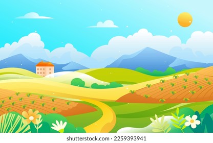 Farmer is farming in spring, countryside and nature in the background, vector illustration