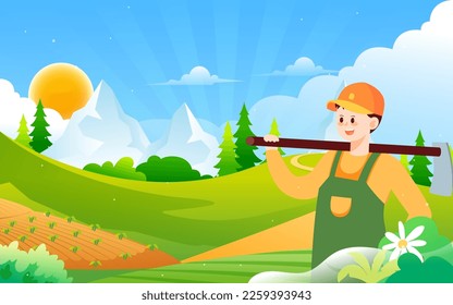 El agricultor es agricultor en primavera, campo y naturaleza en segundo plano, ilustración vectorial