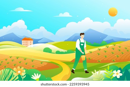 Farmer is farming in spring, countryside and nature in the background, vector illustration