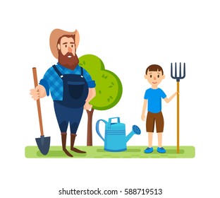 Farmer and farmland, the village with gardens, greenery, harvest and grain, hay, organic products. . Agriculture and Farming. Rural landscape. Vector illustration. 