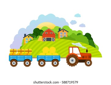 Farmer and farmland, the village with gardens, greenery, harvest and grain, hay, organic products. . Agriculture and Farming. Rural landscape. Vector illustration. 