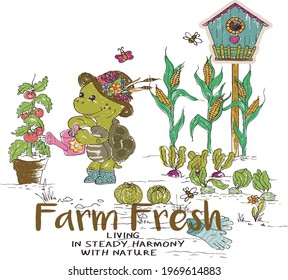 Farmer. Fashion kids print  and  With  text slogan.  Vector hand draw illustration.