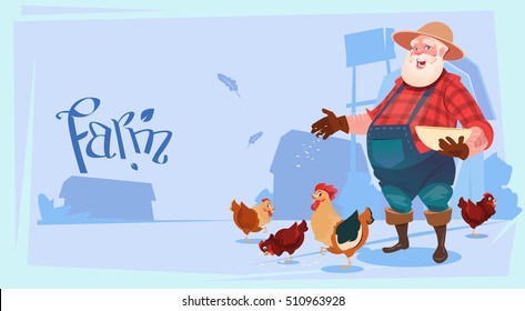 Farmer Feed Chicken Breeding Hen For Food Farm Flat Vector Illustration