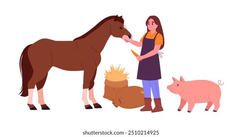 Los agricultores alimentan a los animales domésticos. Mujer con lindo caballo de granja y cerdo, personaje femenino cuidar de los animales domésticos Ilustración vectorial plana. Animales de alimentación para trabajadores de Country