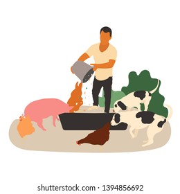 Farmer feeding animals. Vector flat illustration
