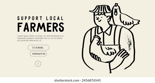 Farmer feeding chicken concept. Young man hold chickens or hen. Countryside and agriculture, farmer eco products. Minimal simple line contemporary vector illustration. Eat local concept.