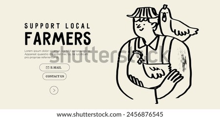 Farmer feeding chicken concept. Young man hold chickens or hen. Countryside and agriculture, farmer eco products. Minimal simple line contemporary vector illustration. Eat local concept.