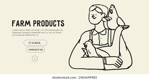 Farmer feeding chicken and goose concept. Young woman hold chickens or hen. Countryside and agriculture, farmer eco products. Minimal simple line contemporary vector illustration. Eat local concept.