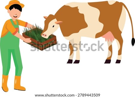 Farmer Feeding Cow with Fresh Grass in Wooden Crate – Livestock Farming Vector Illustration