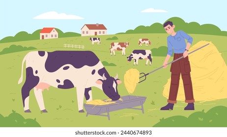 Farmer feeding cows. Rural countryside scene illustration. Vector illustration