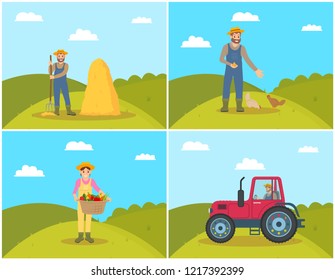 Farmer feeding domestic animals hens on hill field. Tractor on land, farming woman with pannier and harvested veggies in it. Hayfork and bale vector