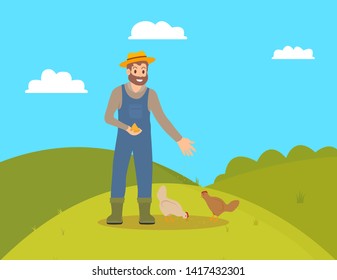 Farmer feeding domestic animals on farm cartoon vector banner. Bearded man in hat and uniform stand in field and feed hens with seeds, village theme