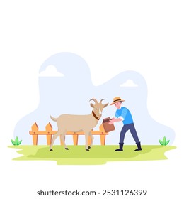 Farmer feeding farm animals, Flat cartoon vector illustration.