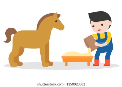 farmer feeding foal vector illustration, flat design.