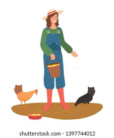 Farmer feeding fowl, portrait view of smiling woman sprinkling corn hens, agricultural worker wearing working clothes and hat, countryside vector