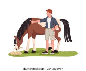 O cavalo de alimentação do agricultor para o caráter de pessoas da fazenda do gado ou a pecuária animal, o vetor de desenhos animados. Jovem agricultor ou caráter agrário e jardineiro com cavalo comendo feno no estábulo da fazenda de gado