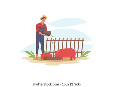 Farmer feeding pig. Farm worker foddering, ranching cattle. Vector illustration in a flat style