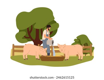 Bauern, die Schweine füttern, die Schweine pflegen, die Futter geben. Mann, Landarbeiter, der Wasser in den Trog gießt. Viehzucht. Ländliche Arbeit. Flache Vektorillustration isoliert auf weißem Hintergrund