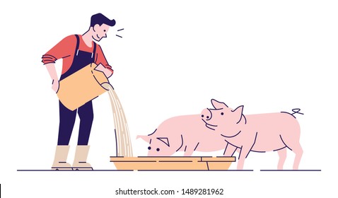 Farmer feeding pigs flat vector character. Livestock farming, animal husbandry concept illustration with outline. Rural worker. Pigs, agricultural animals breeding isolated on white background