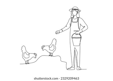 Ein Bauer füttert Hühner. Einzeilige Zeichnung von Landwirten und Rindern