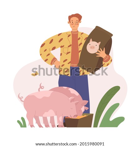 Farmer feeds two pigs. A man holding a sack of food. Isolated on white background. Vector illustration. Flat style. Farming, home pets, agriculture, Redheaded feather. 