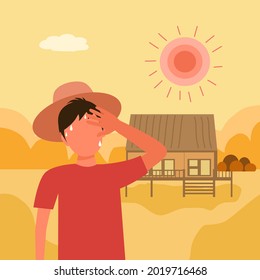 Farmer feel tire and sweaty in hot climate flat design. Hot summer day in countryside with strong sunlight.