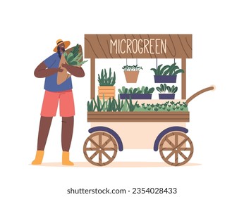 Farmer Female Character Sells Fresh, Locally Grown Greens At Market Stall. Colorful Array Of Vegetables And Leafy Greens