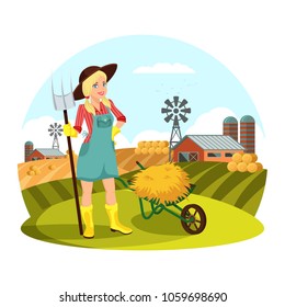 Farmer Female With Pitchfork Gathering Hay In Front Of Field With Barns And Round Hay Bale. Woman Work At Village, Girl Farmer Agrarian. Countryside And Farmland, Agricultural Theme