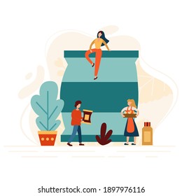 Farmer fertilizing soil for good harvest. Worker nourish with manure garden. Modern flat concept with tiny people. Vector illustration.