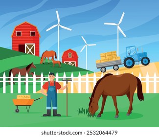 Granjero en un campo con caballos y un tractor. Ilustración vectorial en estilo plano.