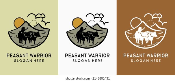 Farmer or field plow logo design in vintage style. Silhouette of people plowing the fields blending with nature