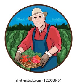 Farmer in field, vector illustration, colorful cartoon graphic drawing. Elderly men keep in hand basket of fresh vegetables against the background of fields and garden bed in a round frame