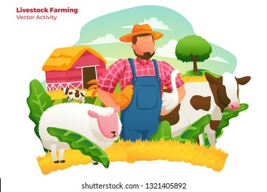 a farmer in the fields and herds of sheep and cattle  - All elements on this template are editable with vector software