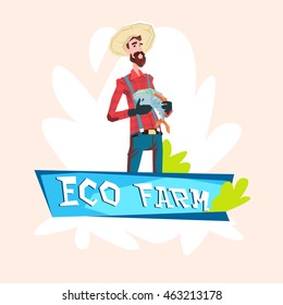 Farmer Fisherman Hold Fish Eco Farming Logo Concept Flat Vector Illustration