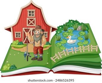 Farmer fishing by barn and pond