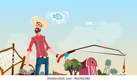 Farmer Fishing Farmland Background Flat Vector Illustration