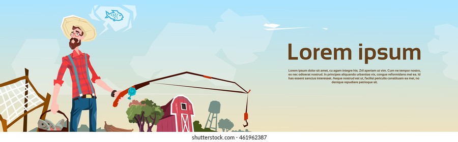 Farmer Fishing Farmland Background Flat Vector Illustration