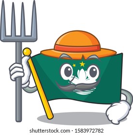 Farmer flag macau cartoon character with hat and tools