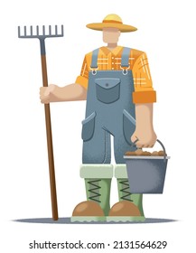 Farmer, flat design, farmer with a bucket of potatoes and a rake, getting ready for spring planting