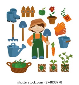 Farmer flat set vector icons. Profession background: farmer, garden, agronomist