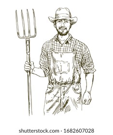 Farmer with fork. Hand drawn illustration.