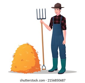 Farmer With Fork and hay pile Vector Illustration